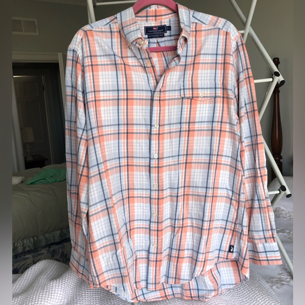 Men’s L Slim Fit Vineyard Vines Rose and Blue Plaid Button-Down Shirt